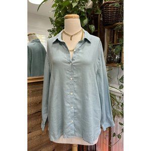 J Jill Love Linen XL Soft Blue Green Button Down Shirt Blouse Top Long Sleeve
